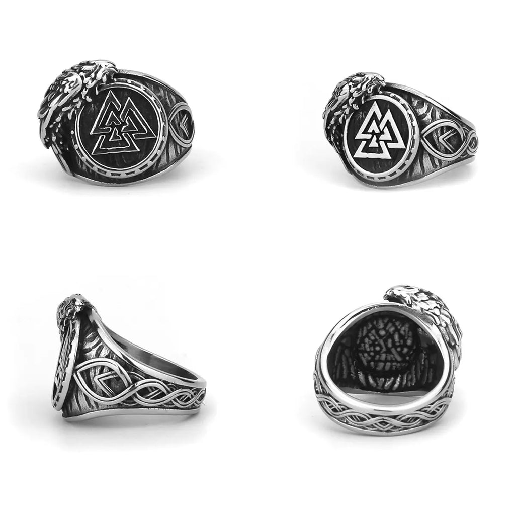 Stainless Steel Viking Valknut Ring Men's Crow Rune Amulet Punk Hip Hop Fashion Handmade Boutique Ring Jewelry Gift