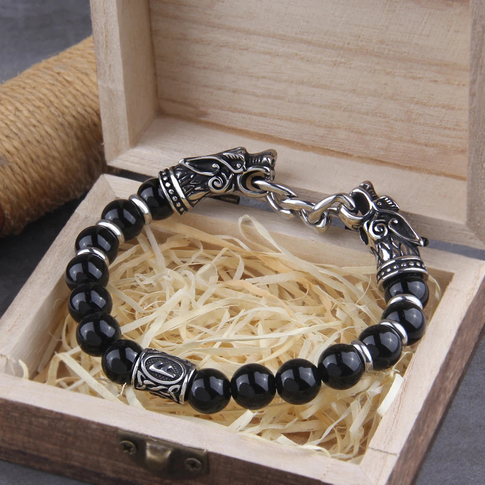 Black Stainless Steel Nordic Viking Norse Dragon Bracelet Men Wristband Cuff Bracelets with Viking Wooden Box