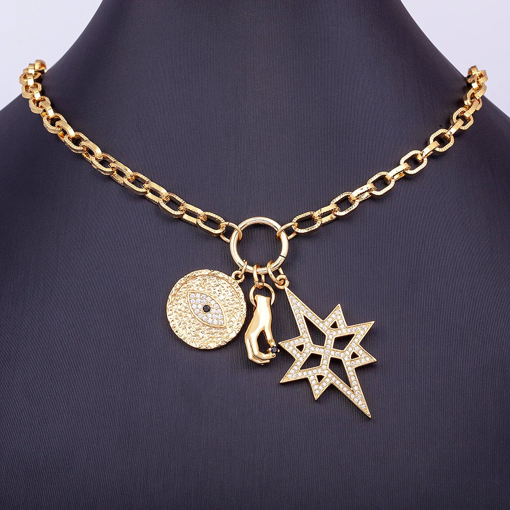 Nidin Hot Sale New Fashion Geometric Paperclip Link Chain Evil Eye Palm Shape Pendant Necklace For Women Men Jewelry