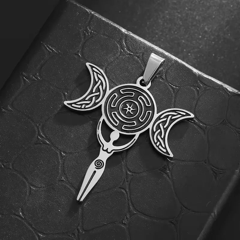 Greek Hecate Triple Moon Pendant Necklace — Stainless Steel