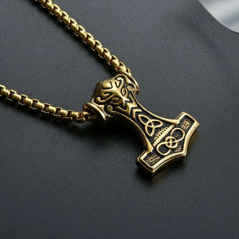Viking Thor Hammer Pendant Necklace For Men Fashion Gold/Silver Color Stainless Steel Necklace Viking Amulet Jewelry Never Fade
