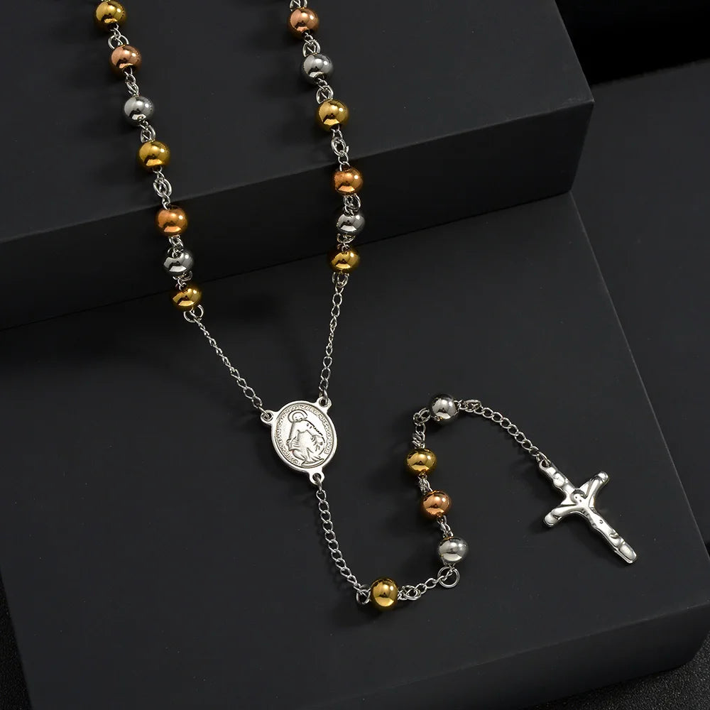 Saint Benedict Virgin Mary Rosary Necklace — Stainless Steel