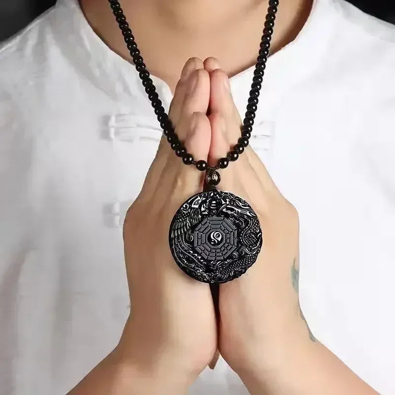 Obsidian Gossip Pendant Necklace Carving Dragon and Phoenix Shape Lucky Amulet Jewelry Six-Character Mantra Pearl