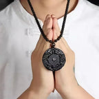 Obsidian Gossip Pendant Necklace Carving Dragon and Phoenix Shape Lucky Amulet Jewelry Six-Character Mantra Pearl