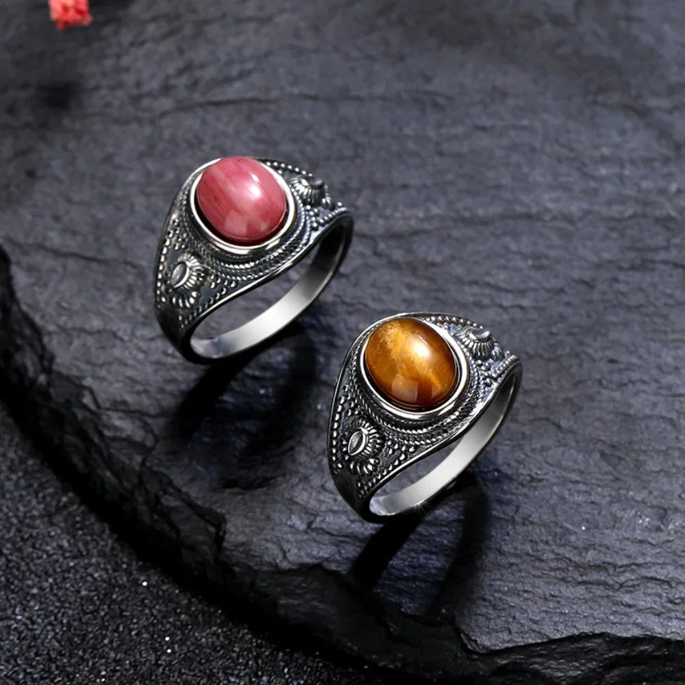 Silver Vintage Ring Oval 8x10MM Natural Tiger's Eye Stone Ring for Men Women Gift Luxury Rhodochrosite Jewelry