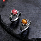 Silver Vintage Ring Oval 8x10MM Natural Tiger's Eye Stone Ring for Men Women Gift Luxury Rhodochrosite Jewelry