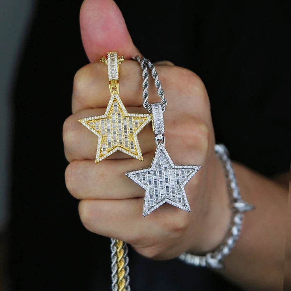 Iced Out Star Pendant Necklace Micro Paved Silver Color Cubic Zircon Prong Setting Charm For Men Women Hip Hop Jewelry