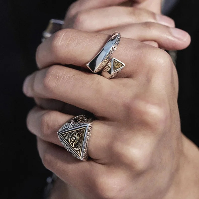 Retro Eye of Providence Vajra Cross Ring Punk Gothic Adjustable Open Ring For Men Copper Fine Jewelry Accessories Blessing Gift