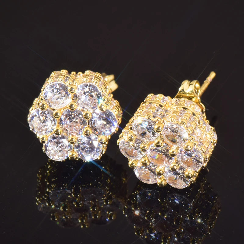 Hip Hop Claw Setting 5A+ Cubic Zirconia Bling Ice Out Stud Earring Male Flower CZ Earrings for Men Rapper Jewelry Gold