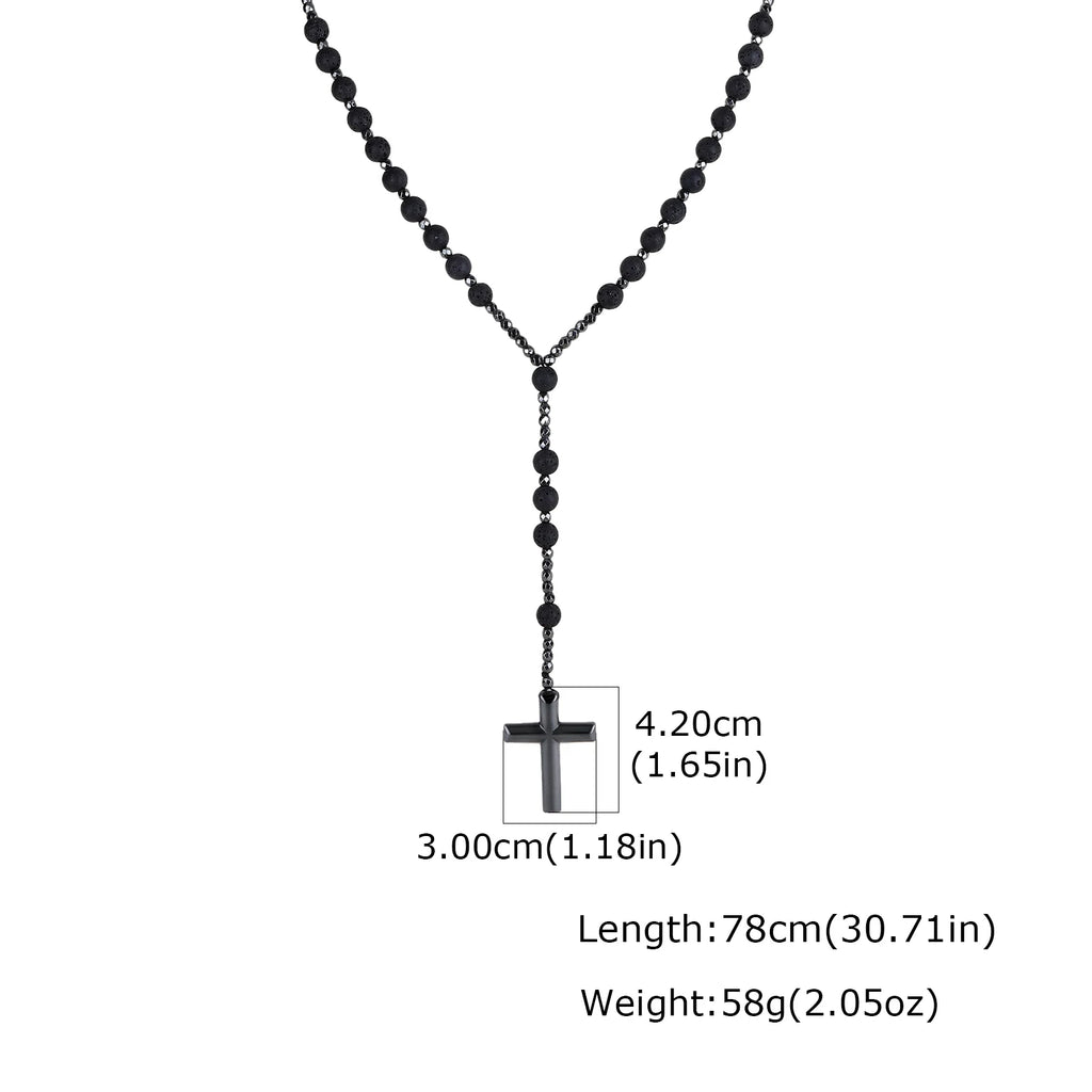Natural Beaded Rosary Y Necklace for Men,Hematite Cross Pendant with Black Lava Tiger Eye Stone,Religious Prayer Jewelry