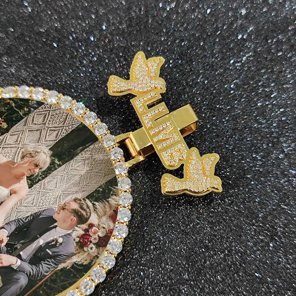 Iced Out Letter Photo Pendant Necklace 68MM Circle