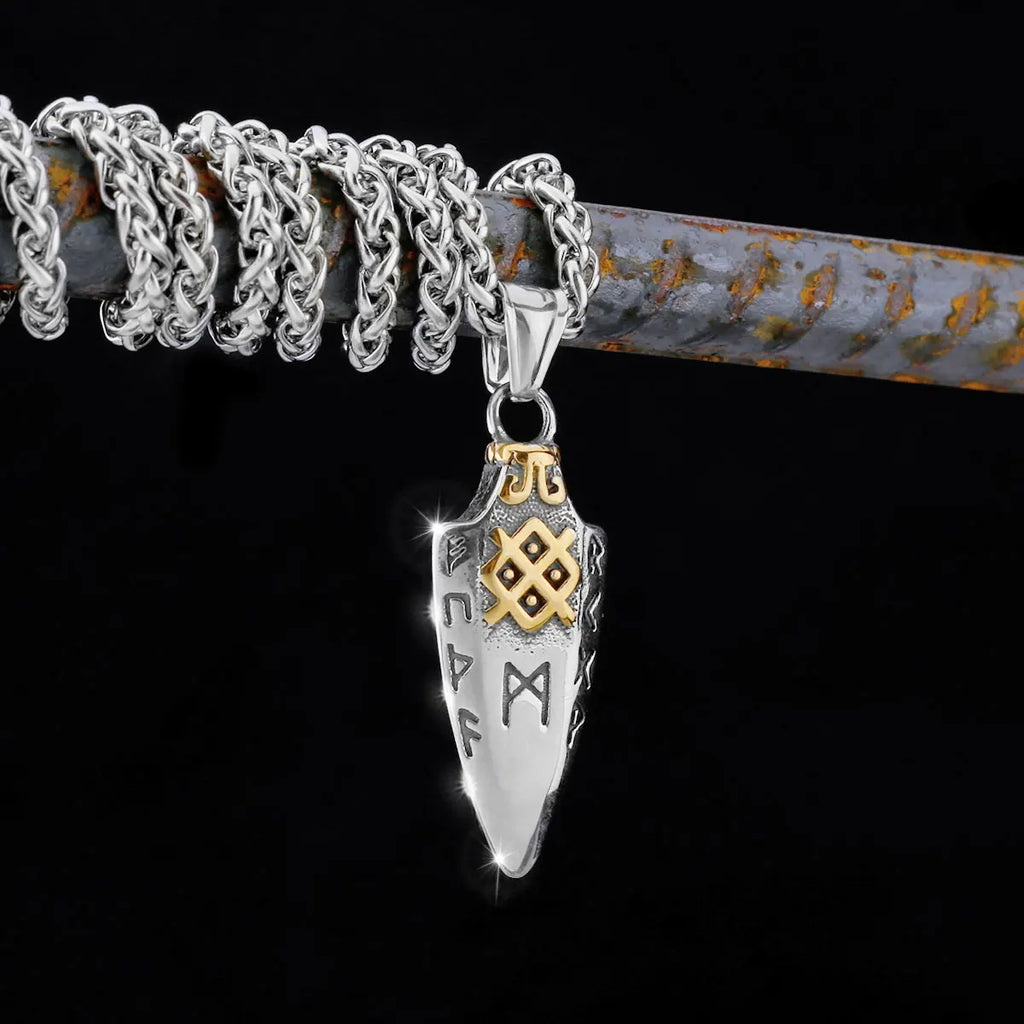 Norse Runes Odin's Spear Necklace Men's Gold Color Stainless Steel Arrowhead Pendant Valknut Talisman Male Vikings