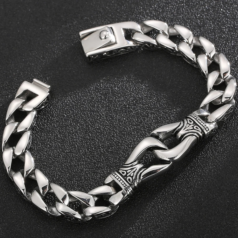 Man Bracelet Homme 12MM Wide Stainless Steel Curb Chain Charm Bracelets On Hand Bands for Men Vintage Mens Jewellery