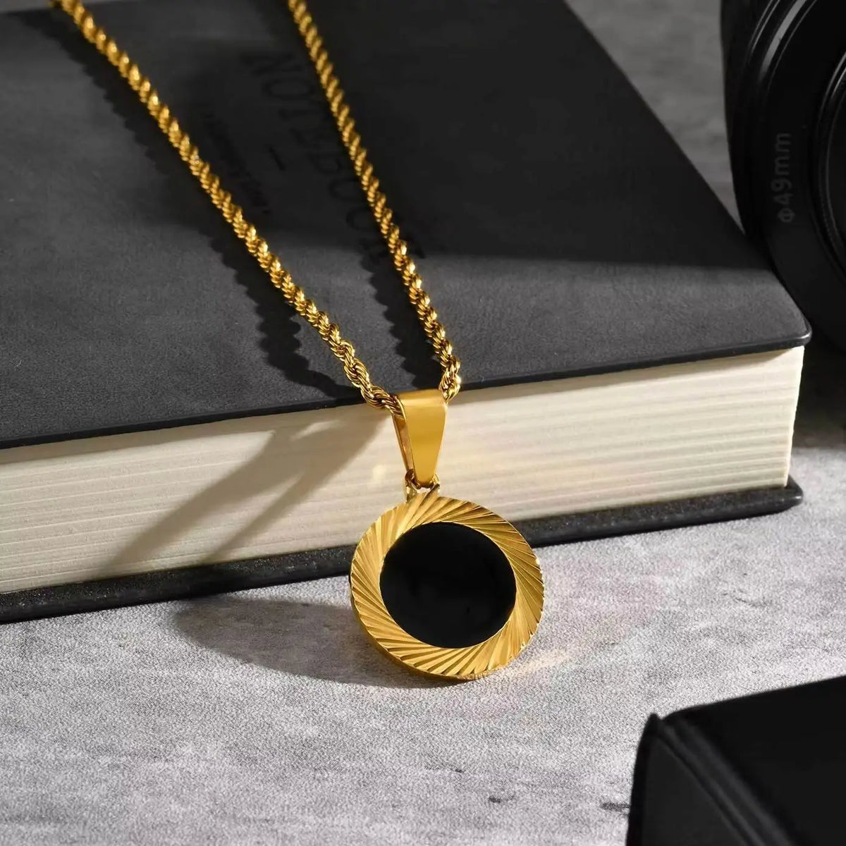 Punk Round Necklace for Men Boys,Embossing Radiation Sunburst Stainless Steel Necklace,Birthday Father Jewelry Gift