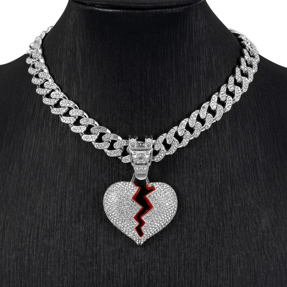 Men Hip Hop Heart Broke Pendant Necklace13mm Miami Cuban Chain HipHop Iced Out Bling Broken Heart Necklace Fashion Charm Jewelry