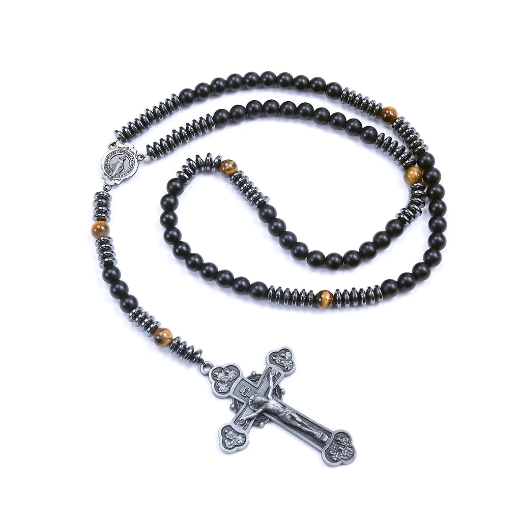 Trendy 8mm Black Round Beads Tiger-eye Stone Saint Benedict Cross Pendant Necklace for Men