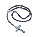Trendy 8mm Black Round Beads Tiger-eye Stone Saint Benedict Cross Pendant Necklace for Men