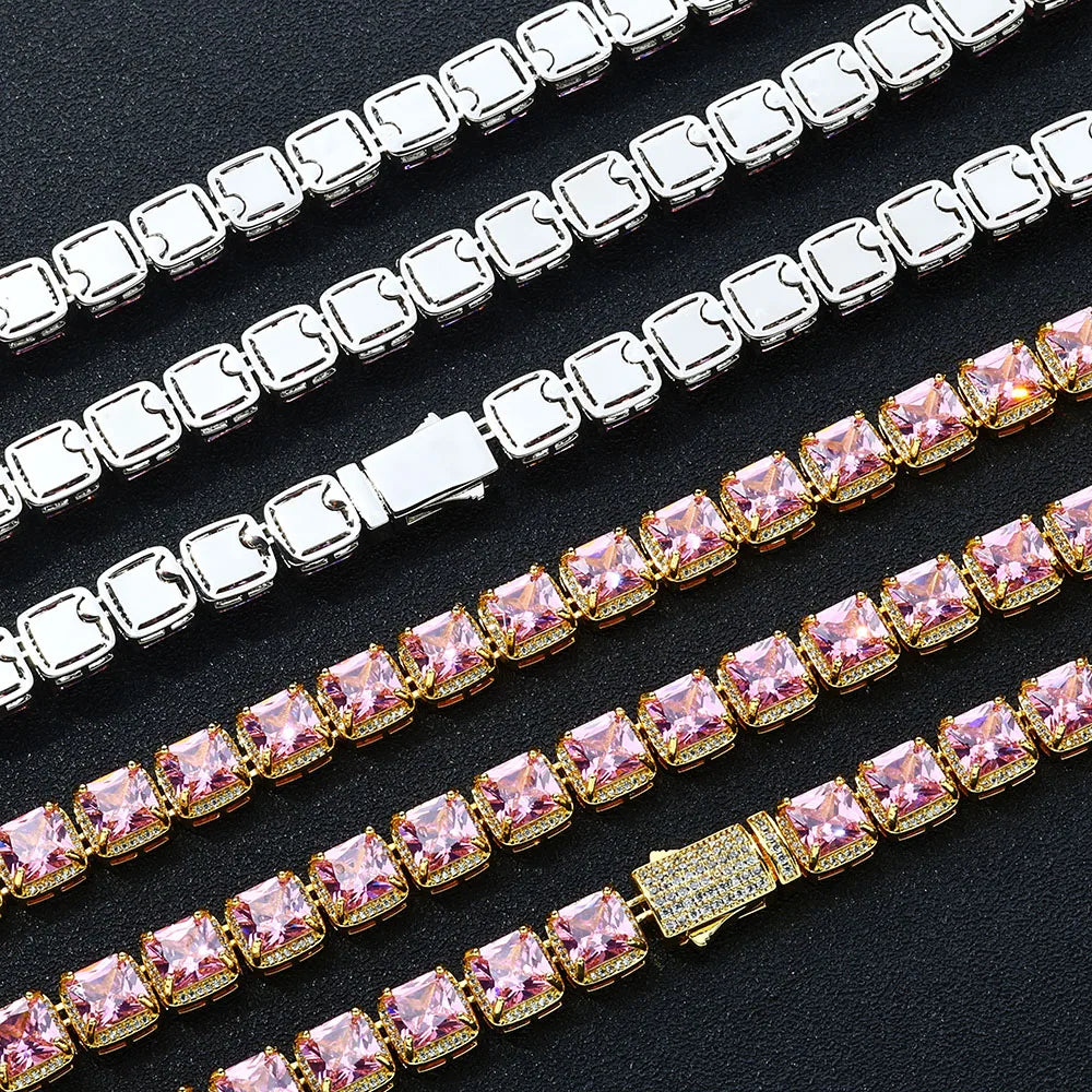 Tennis Chain Necklace Iced Out Pink Princess Cut