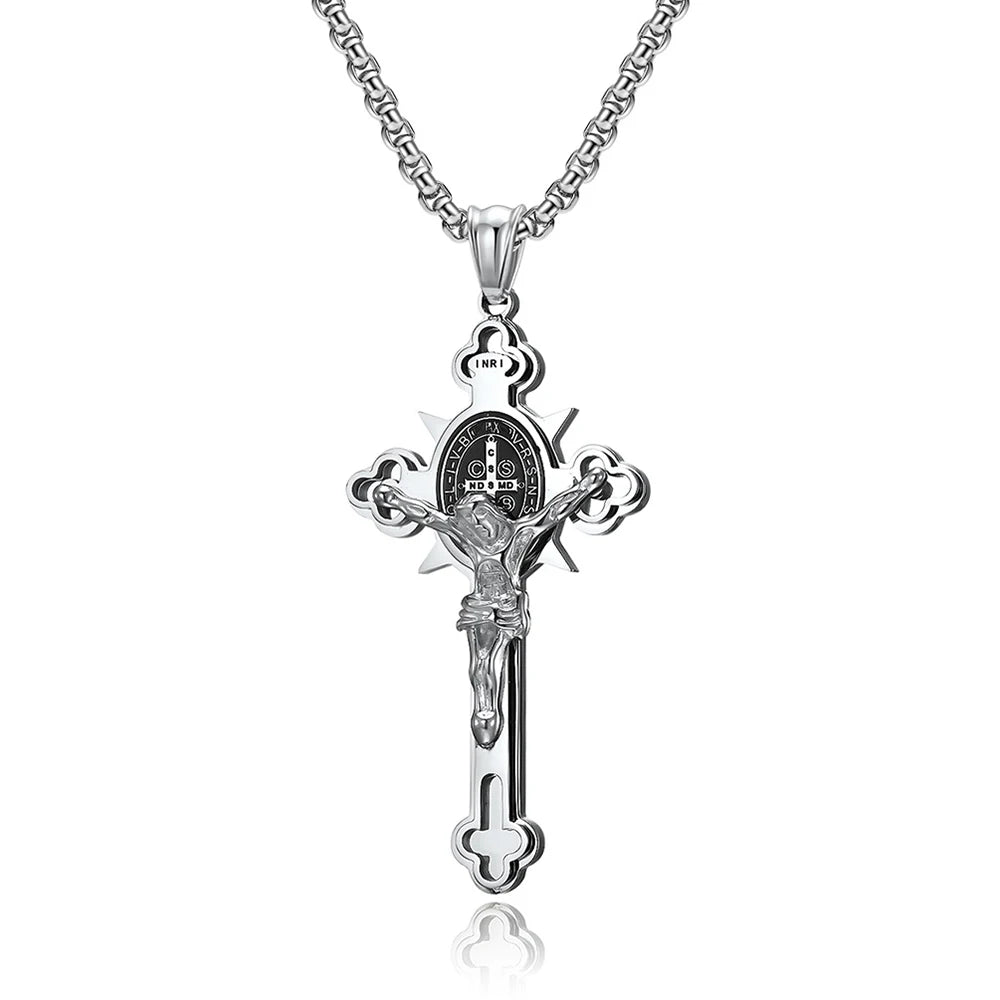 Vintage Christian Jesus Cross Pendant Necklace Men's Stainless Steel Religious Jesus Necklaces Prayer Baptism Jewelry