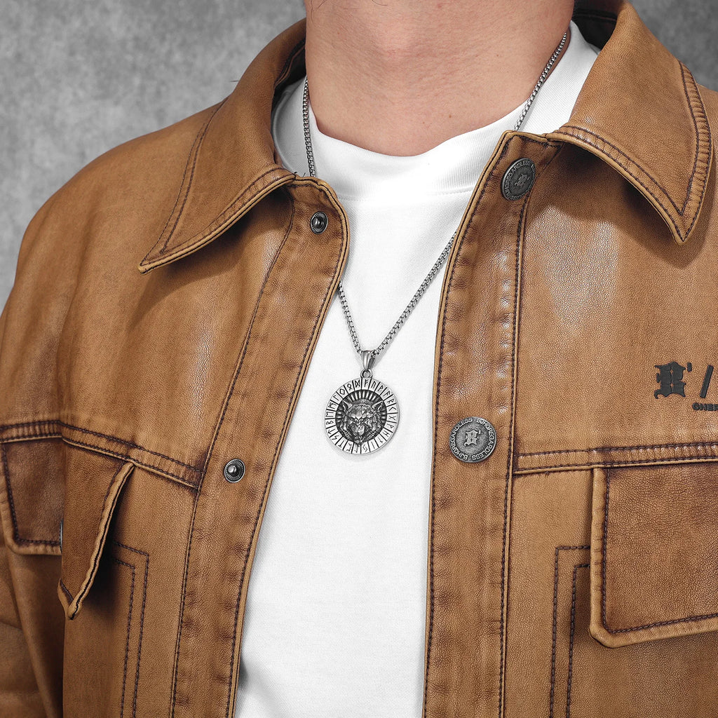 Viking Runes Wolf Pendant Necklace for Men — Stainless Steel