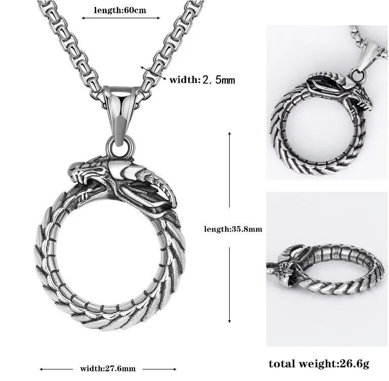 Silver Dragon Circle Pendant Necklace Stainless