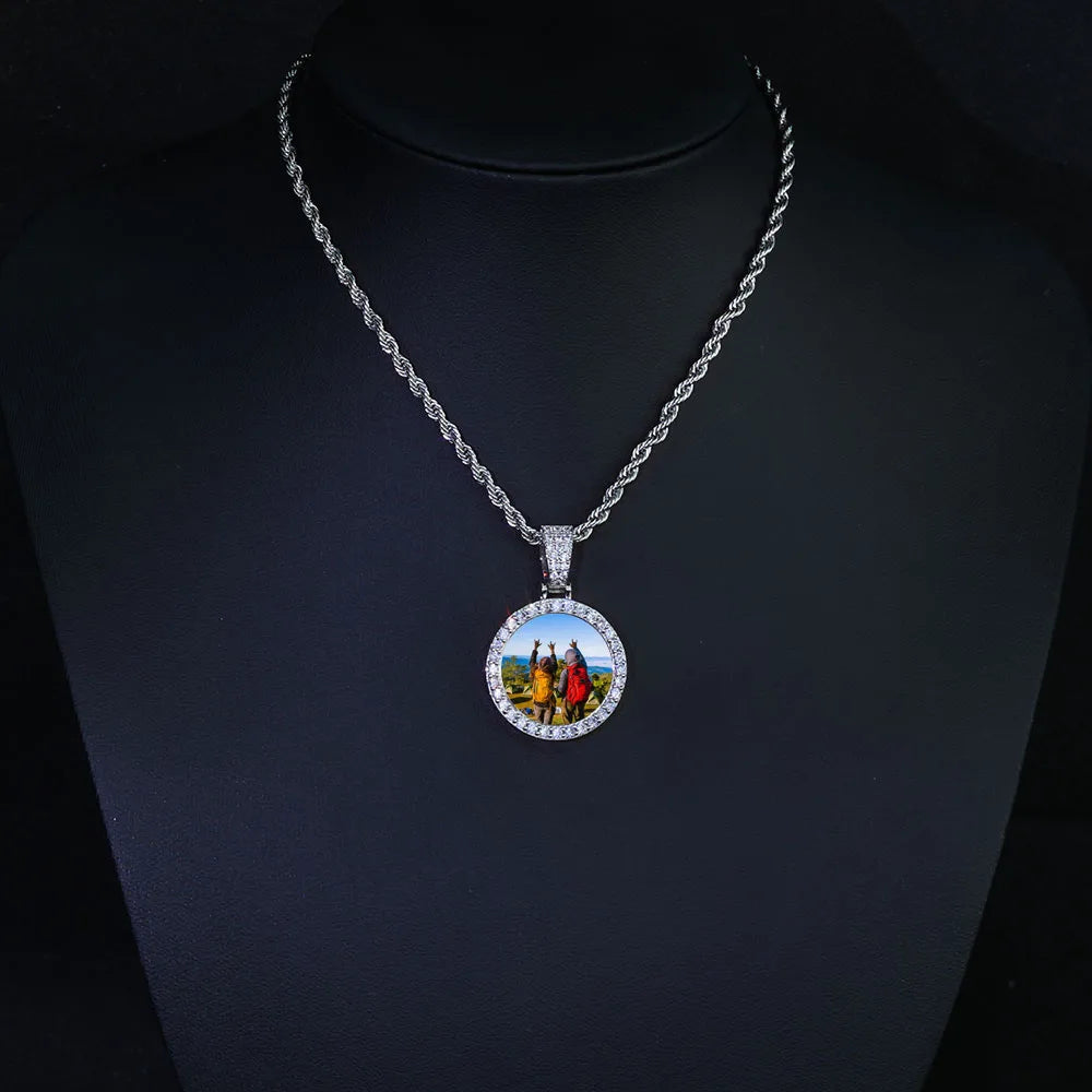 HHIOK Customized Necklaces Circle Chain Picture Personalized Diamond Memory Pendant with Photo Wing Design Gift for Men