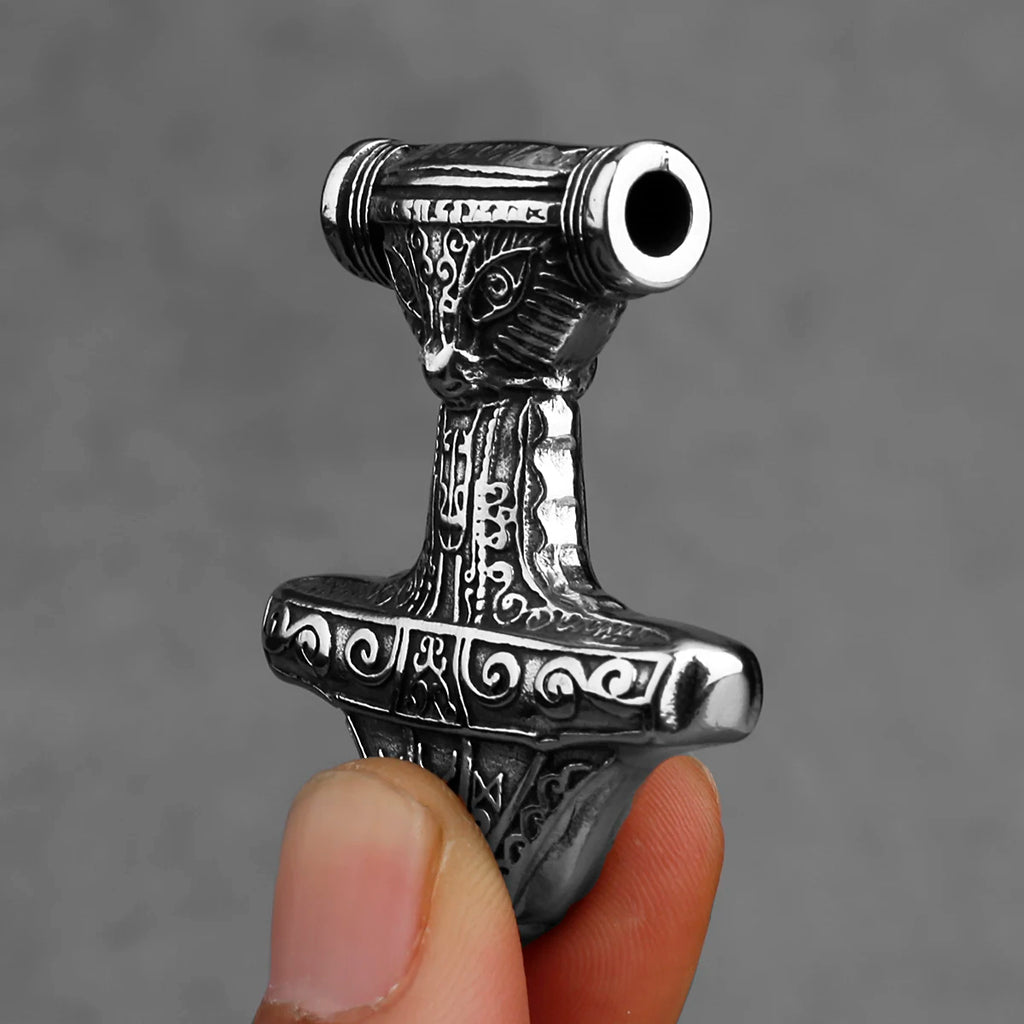 316L Stainless Steel Vintage Viking Thor Mjolnir Wolf Eye Necklace Men Biker Street Amulet Pendant Necklace Jewelry