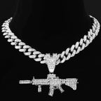 Men Women 14MM Cuban Chain AK47 Gun Pendant Necklace Iced Out AAA Rhinestone Prong Miami Cuban Link Chain Hip Hop