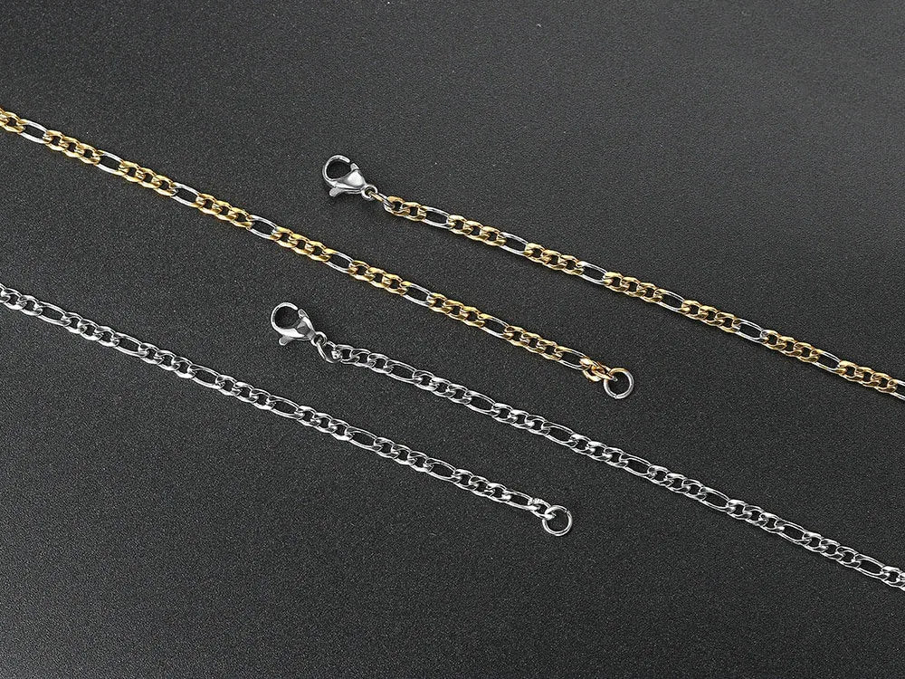 Gold Figaro Cuban Chain Necklace 3MM Stainless Steel