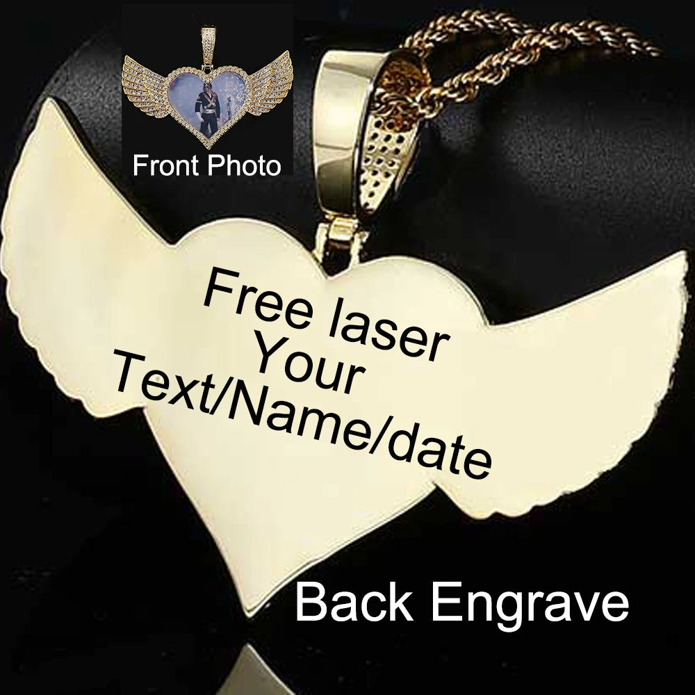 Angel Wings Photo Pendant Necklace Iced Out