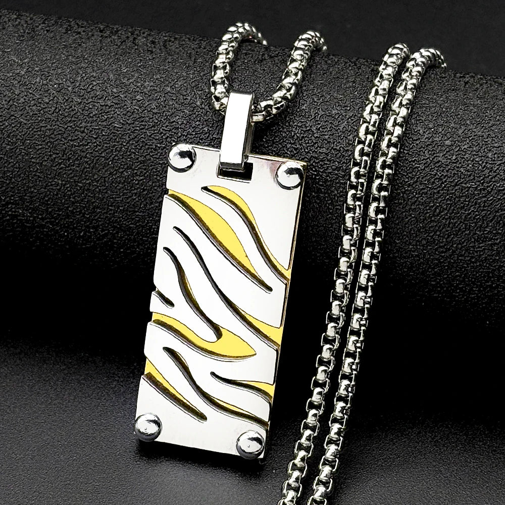 Hip Hop Stainless Steel Two-Tone Hollow Geometric Zebra Print Dog Tag Pendant Necklace for Men Male Punk Chain Jewelry Gift