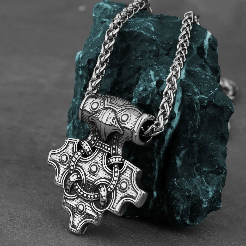 Men's Domineering Stainless Steel Raven Thor's Hammer Pendant Necklace Retro Viking Fashion Jewelry Necklace