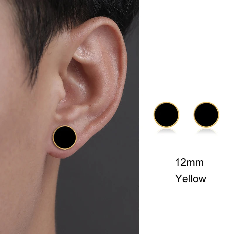 Trendy HipHop Titanium Steel Round Men's Stud Earrings Hippie Stainless Steel Black Drip Earings for Men Couple