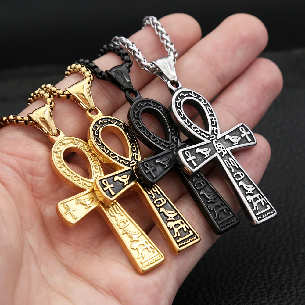Vintage Fashion Ancient Egyptian Ankh Cross Pendant Necklace For Men Women Stainless Steel Amulet Jewelry Gifts