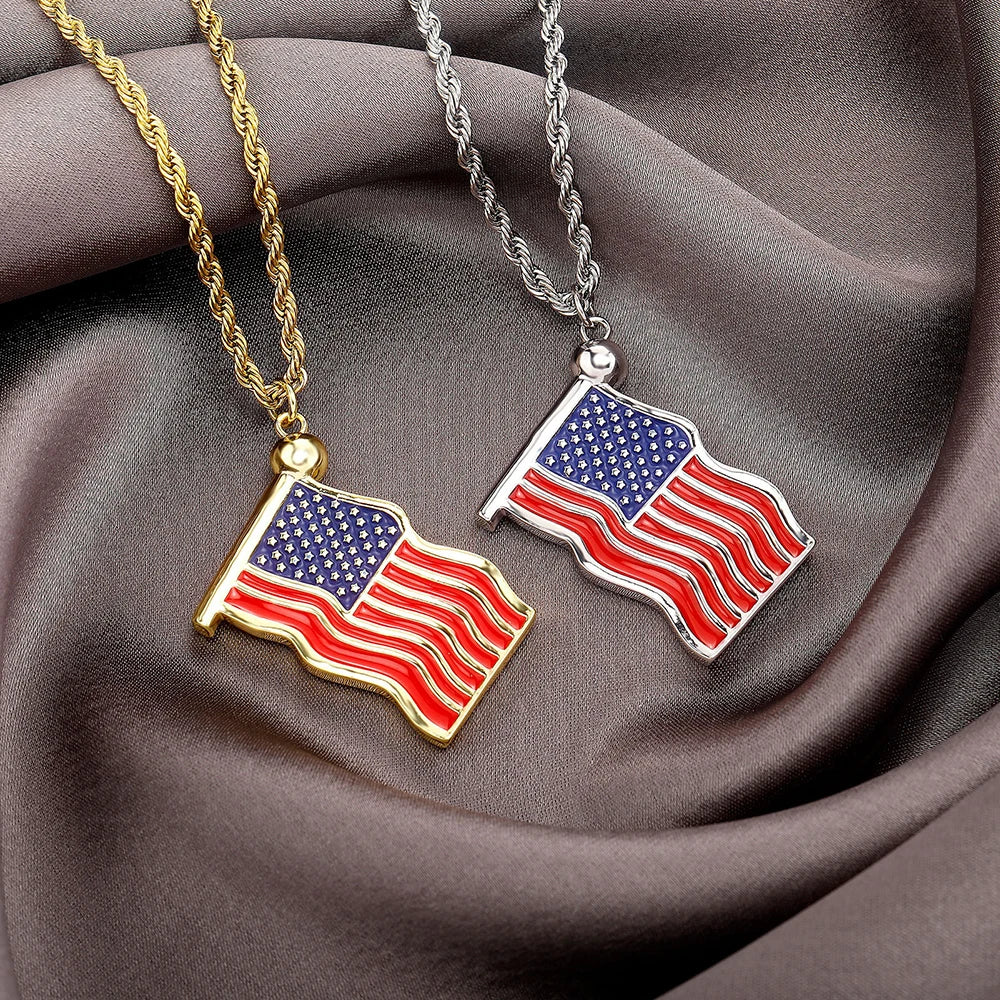 Gold US Flag Pendant Necklace Stainless Steel