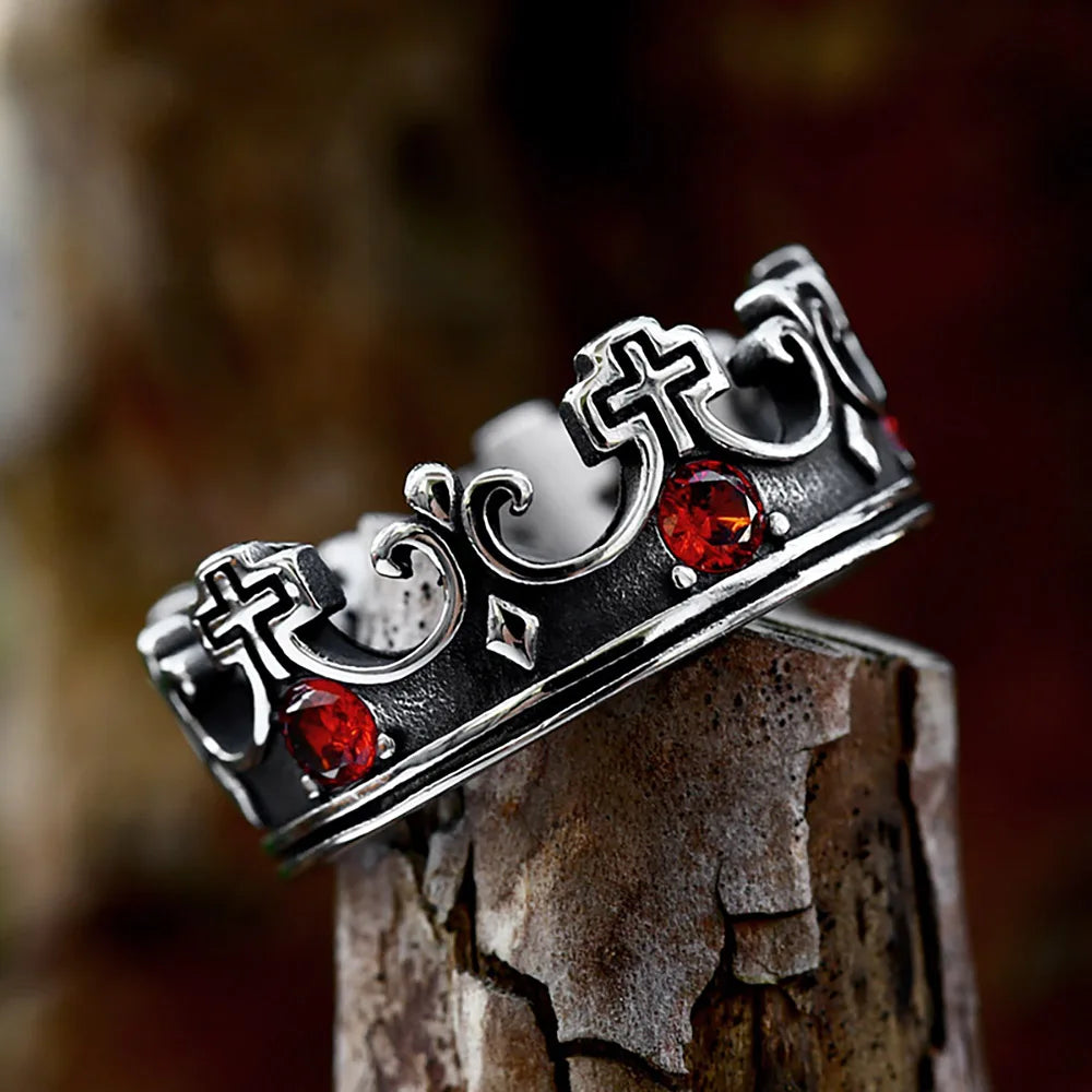 Cross Crown Ring with Red Stones — SS