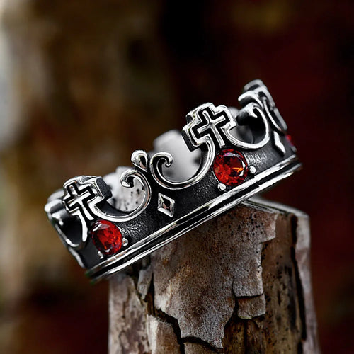 Cross Crown Ring with Red Stones — SS