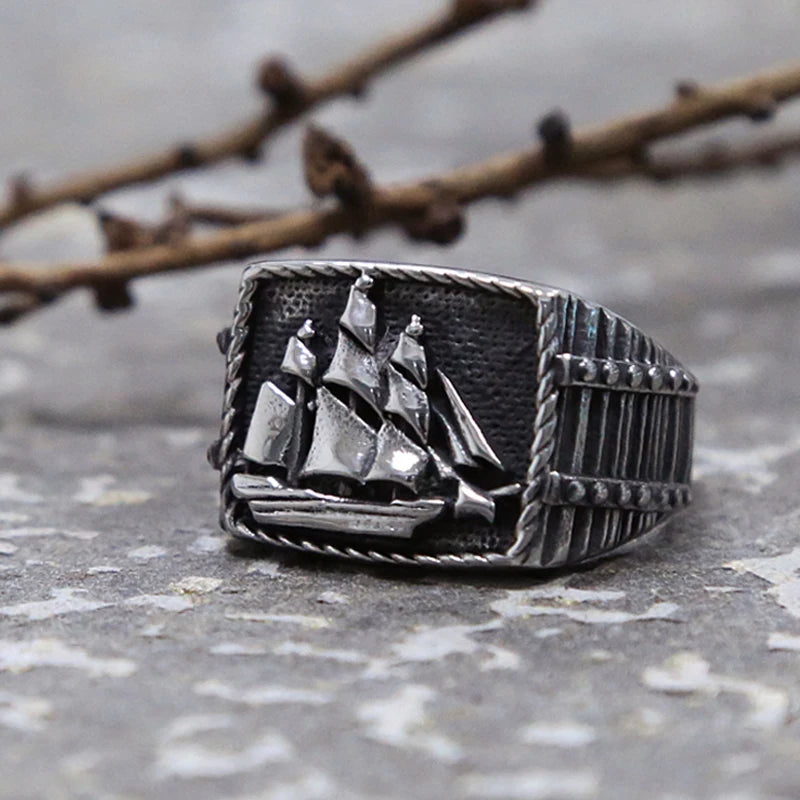 Vintage Pirate Sailboat Viking Ring Men's Stainless Steel Biker Ring Cool Male Gothic Sailor Lucky Amulet Jewelry Wholesale