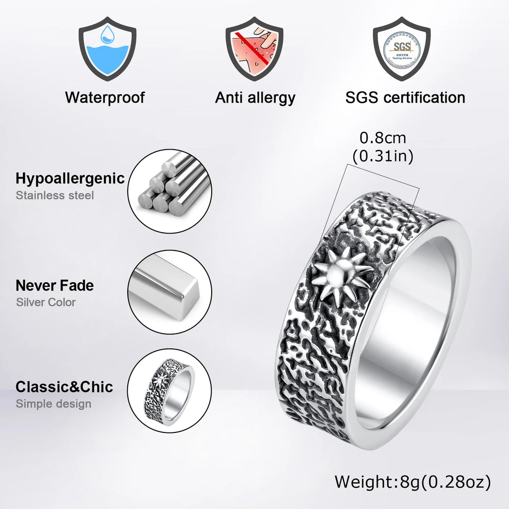 Fashion Retro Moon Sun Ring for Men, 8mm Chunky Stainless Steel Ring, Punk Personality Finger Jewelry Size 7 8 9 10 11