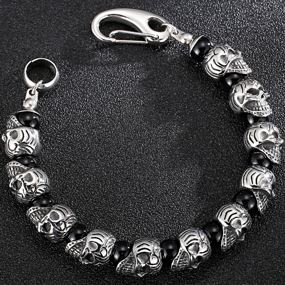 Punk Gothic Stainless Steel Skeleton Jewelry Full Skull Heads Chain Man Bracelet for Men Black Plastic Beads Bracelets