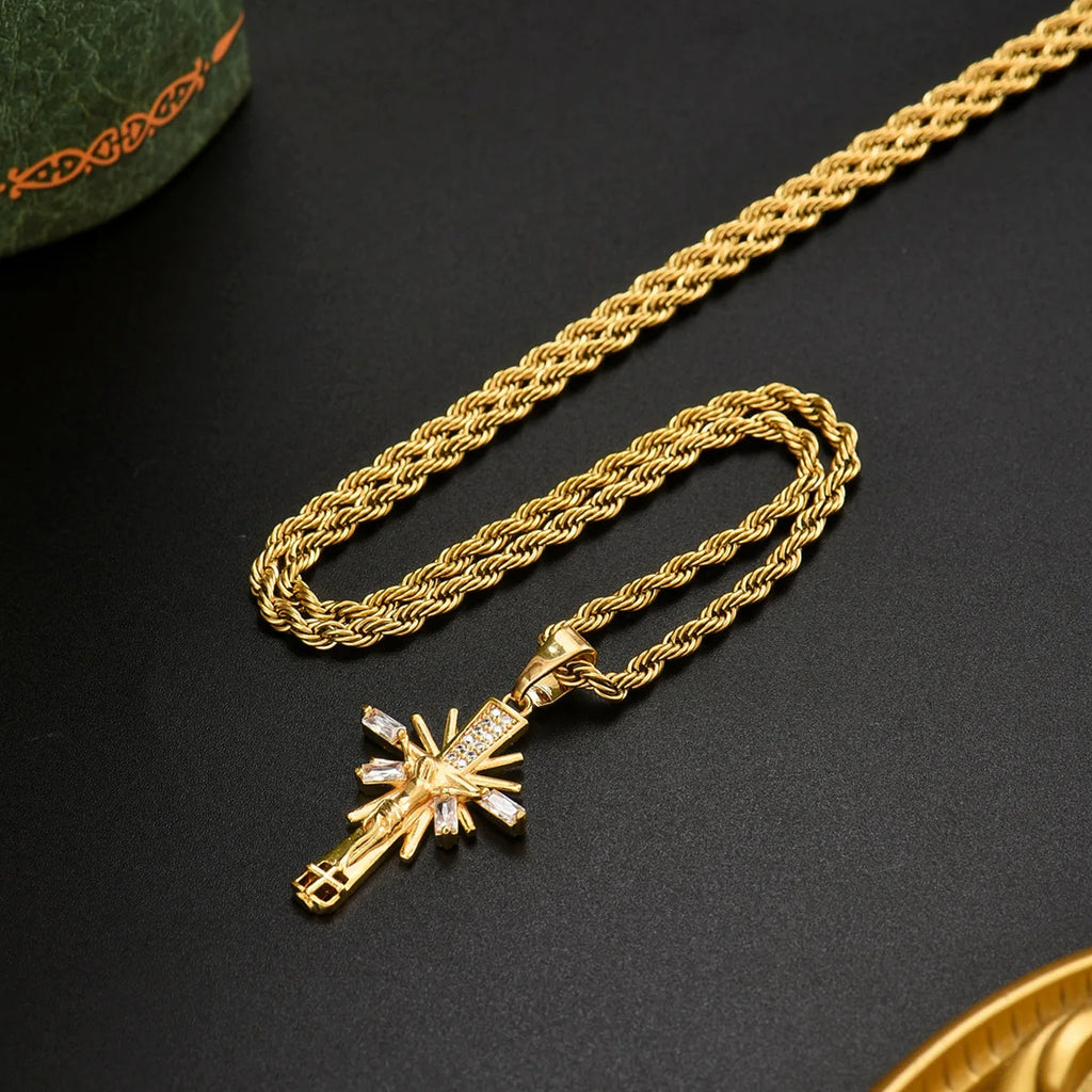 Luxury 24K 9999 Pure Gold real gold Cross Pendant Men's Point Drill Pendant Necklace
