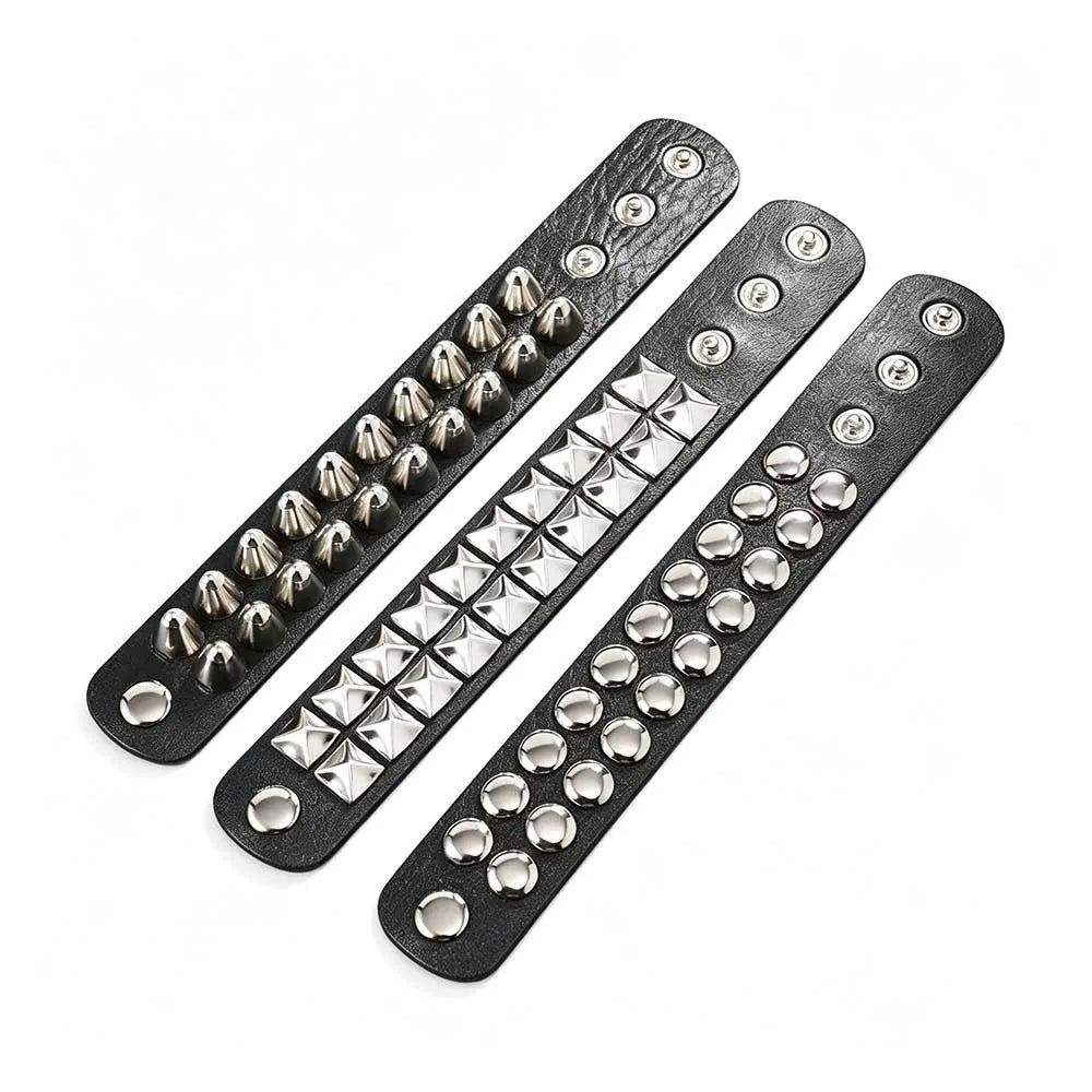 Classic Adjustable Size Rivet Bangle Square Wide Rows Nails Spike Cuff Bracelet PU Leather Bracelets Bangle Men Women