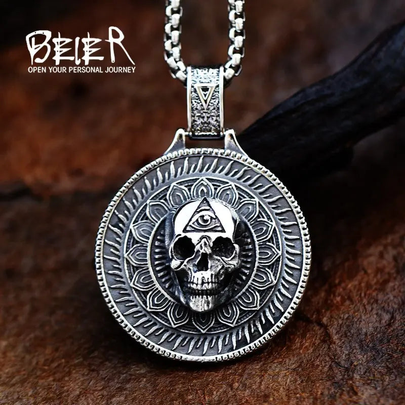 3D Round Skull Pendant Necklace — Stainless Steel