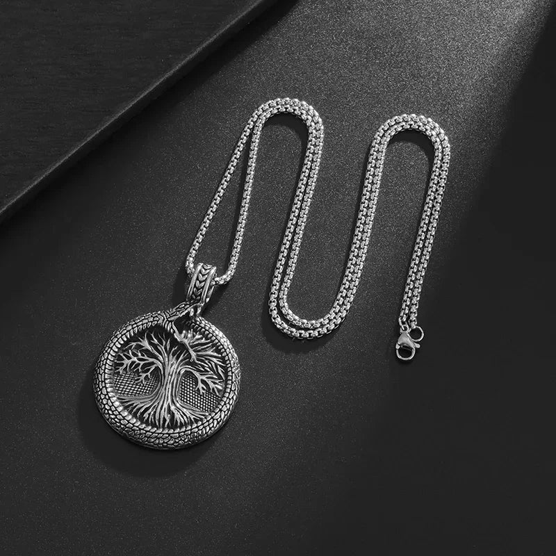 Retro Domineering Ouroboros Wrapped Around The Tree of Life Pendant Necklace Men's Personalized Punk Cool Casual