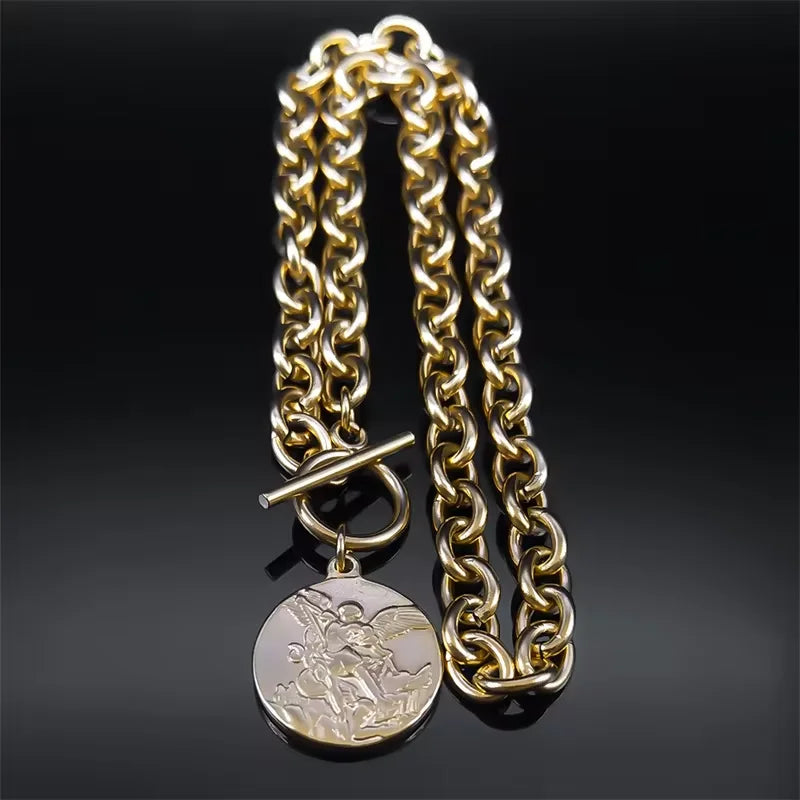 Saint Michael Angel Necklace Bracelet Set — Gold