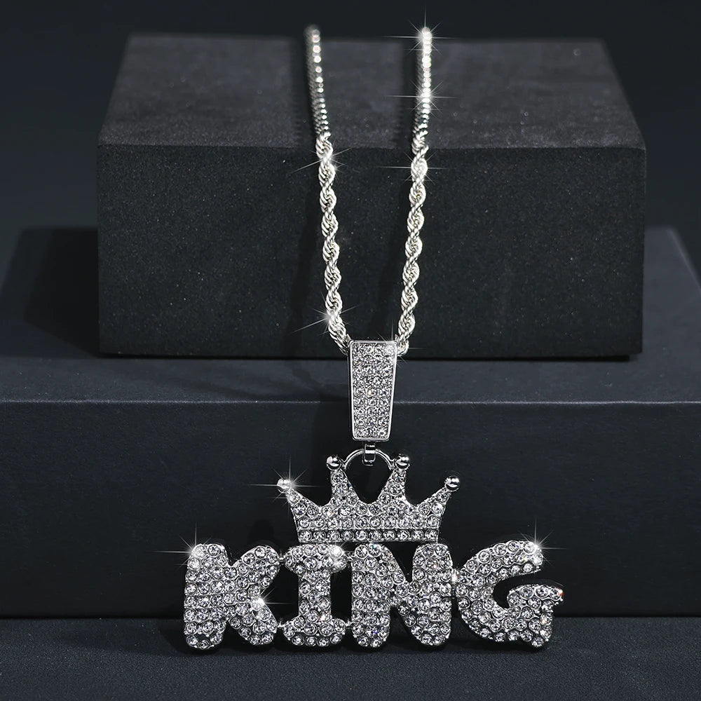 Fashion Hip Hop Crown with KING Pendant Necklace For Men Crystal Cuban Chain Iced Out Bling Hiphop Necklaces Rock Biker
