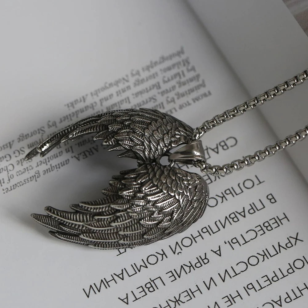 Angel Wing Pendant Necklace Silver Stainless Steel
