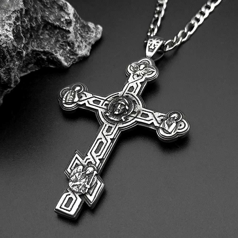 Hiphop Jesus Cross Pendant Necklace For Women Men Stainless Steel Black Retor Vintage Male Christianity Chain Jewelry Gifts