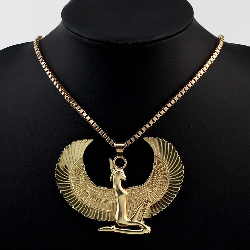 Egyptian Goddess Isis Wings Horus Pendant Necklace — Gold-Tone