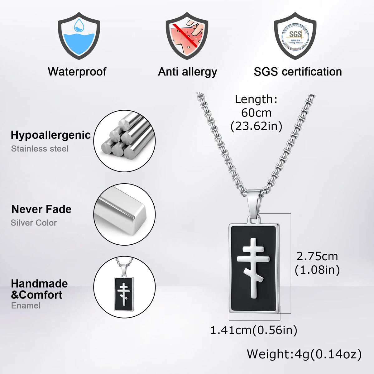 Orthodox Church Cross Necklace — Black Enamel, Stainless Steel